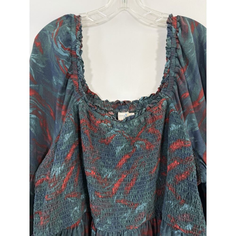 Terra & Sky Blouse Womens 3X 24/26 Blue Red Smocked Short Bell Sleeve Boho - Picture 5 of 10